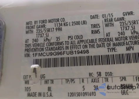 2015 Ford Escape Se z USA, uszkodzony, nr VIN 1FMCU9G96FUB19498